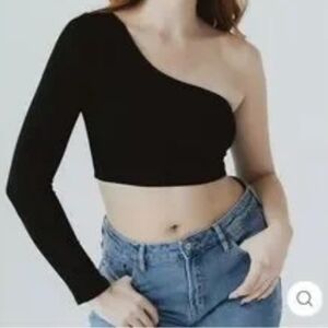 Klassy One-Shoulder Ribbed Crop Top - Black (Size L)